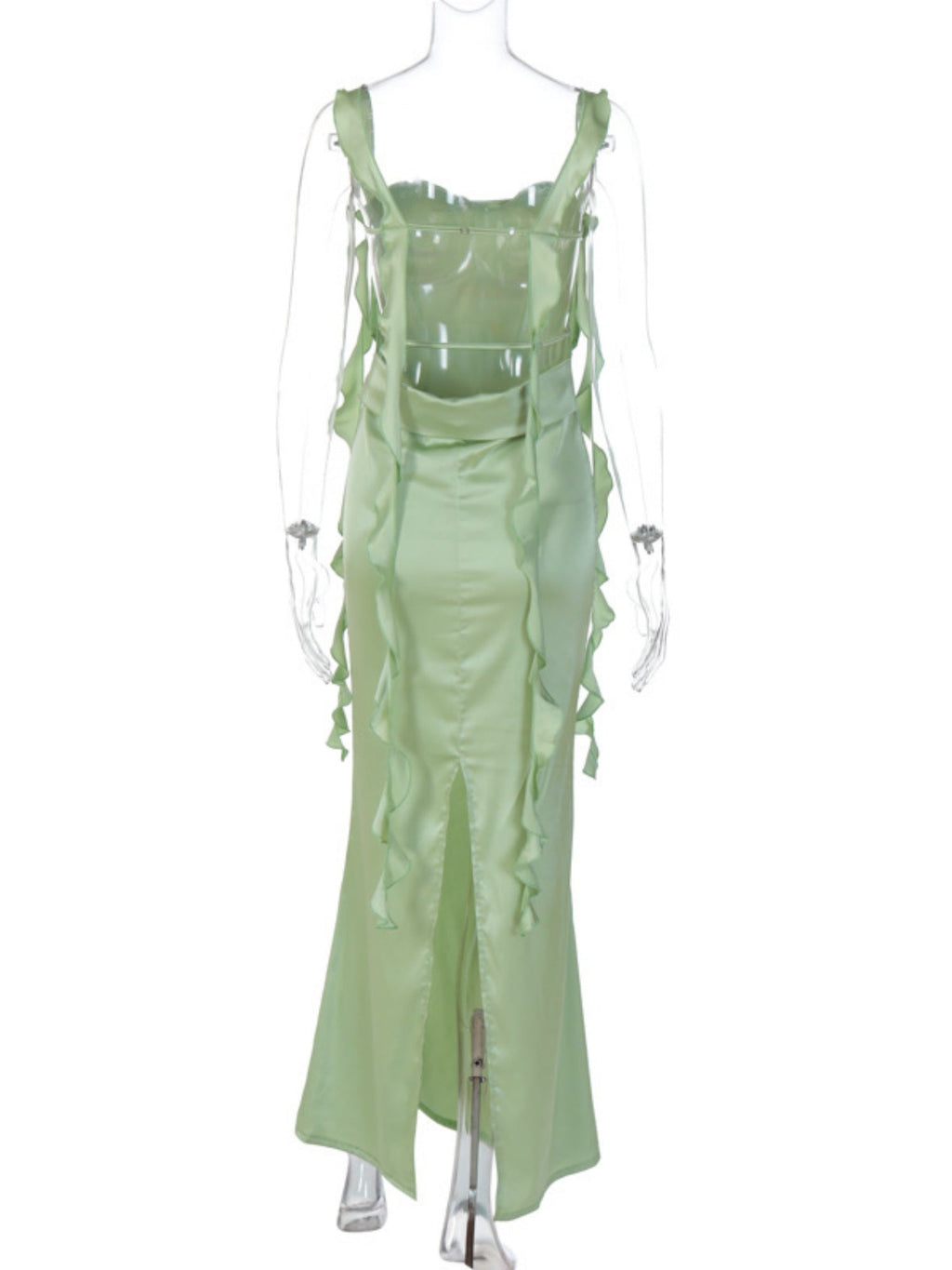 Satin Ruffled Ribbons Backless Maxi Dresses