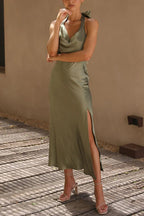 Sleeveless Cowl Neck Open Back Side Slit Midi Dress