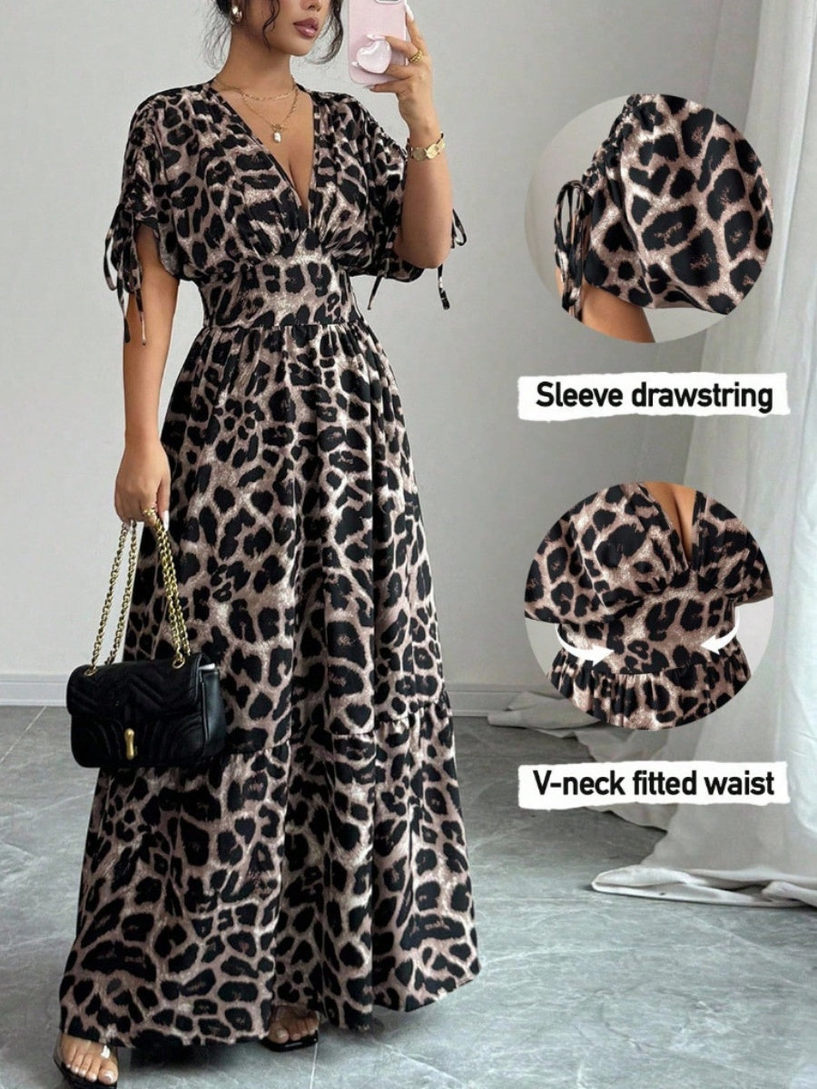 V-neck Short Sleeve Leopard Print Maxi Dresses
