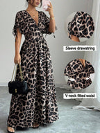 V-neck Short Sleeve Leopard Print Maxi Dresses