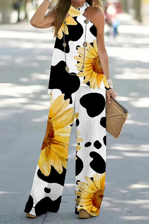Criss Cross Halter Sleeveless Top Wide Leg Pants Printed Vacation Set