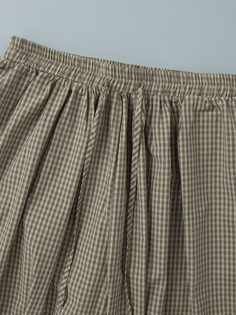 Cotton Blend Lantern Pants Plaid Breathable Leisure Pants