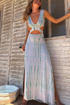 Tie Dye Print Plunging V-Neck Waist Cut Out Side Slit Maxi Dress