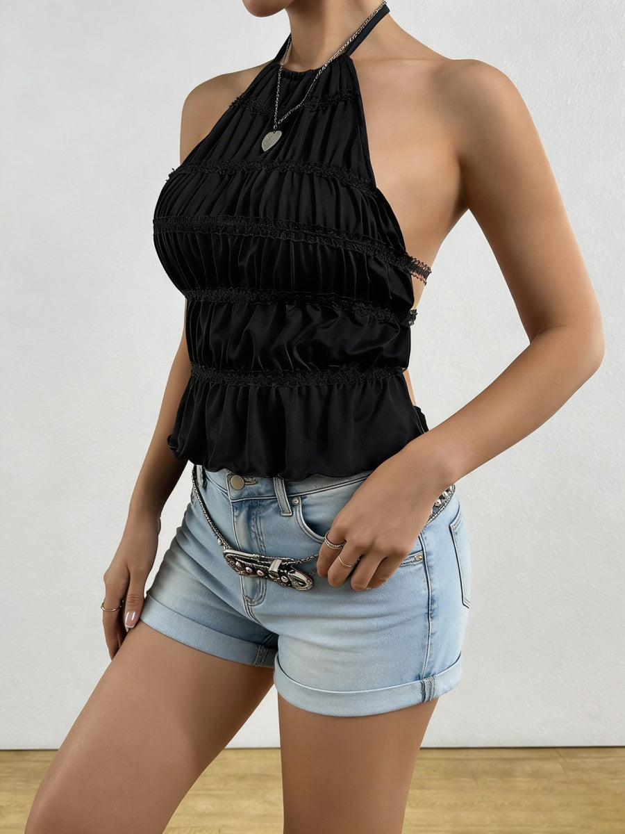 Halter Pleated Backless Lace Up Tank Tops