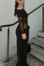 Off Shoulder Long Sleeves Mesh Splice Maxi Dress