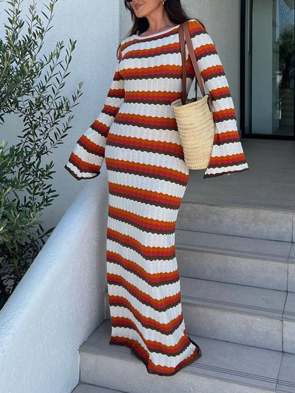 Crew Neck Wavy Stripe Bell Sleeve Knit Maxi Dress