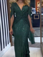V-neck Hip-hugging Sequins Cloak Parties Maxi Dresses