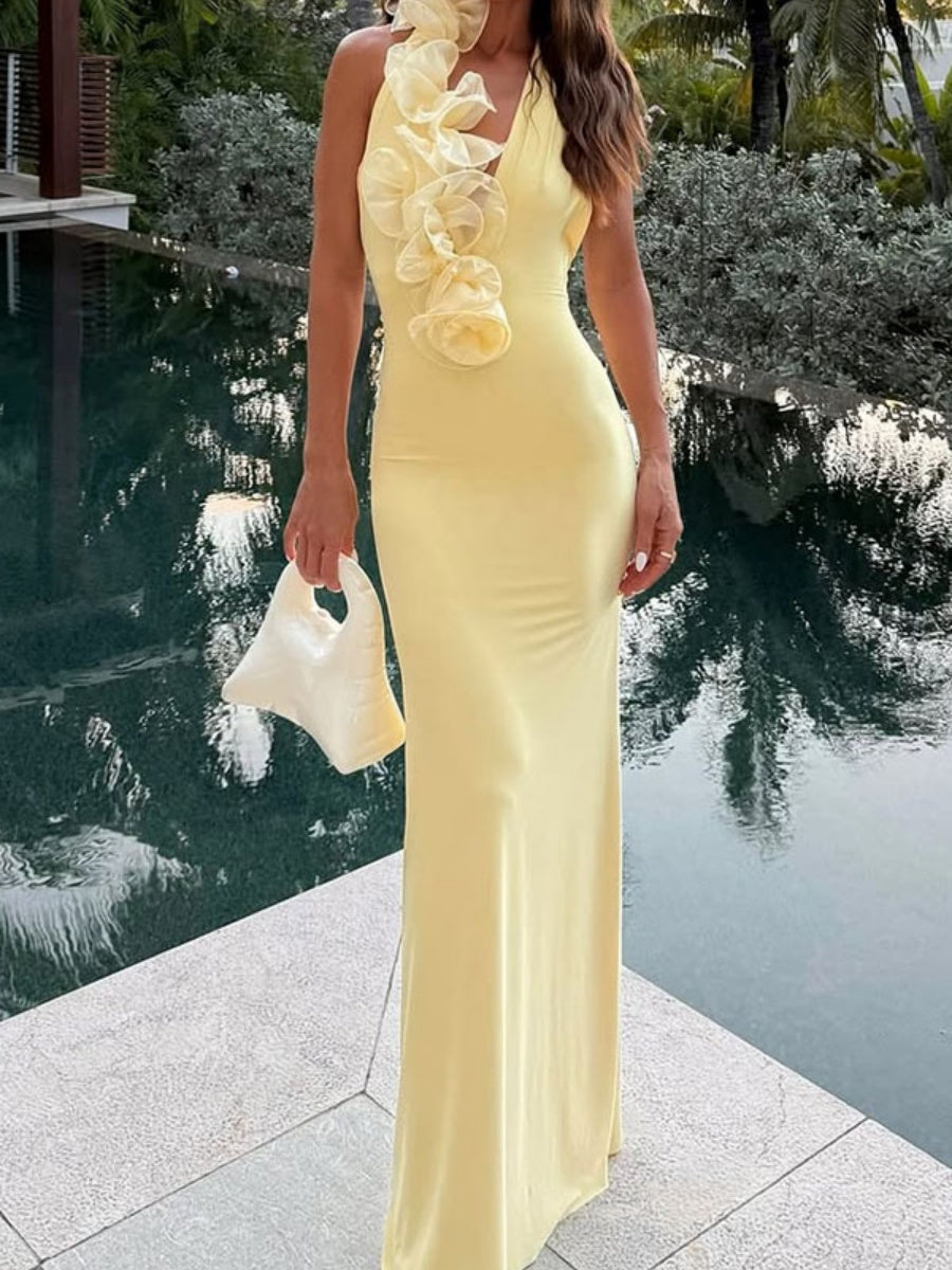 3D Flowers V-neck Halter Backless Parties Maxi Dresses