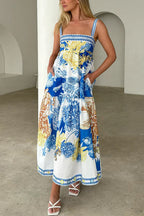 Pocketed Side Slit Printed Maxi Cami Dress