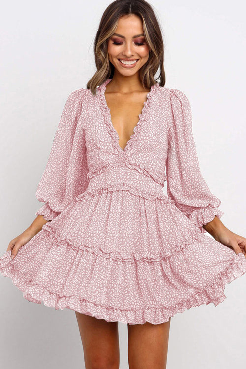 Micro Spotted Print Ruffle V-Neck Balloon Sleeve Tiered Ruffle Mini Dress