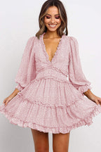 Micro Spotted Print Ruffle V-Neck Balloon Sleeve Tiered Ruffle Mini Dress