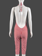 Striped Color Blocking Deep V-neck Backless Strappy Jumpsuits
