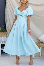 Twist Front Puff Sleeves Cut Out Pocketed Maxi Dress