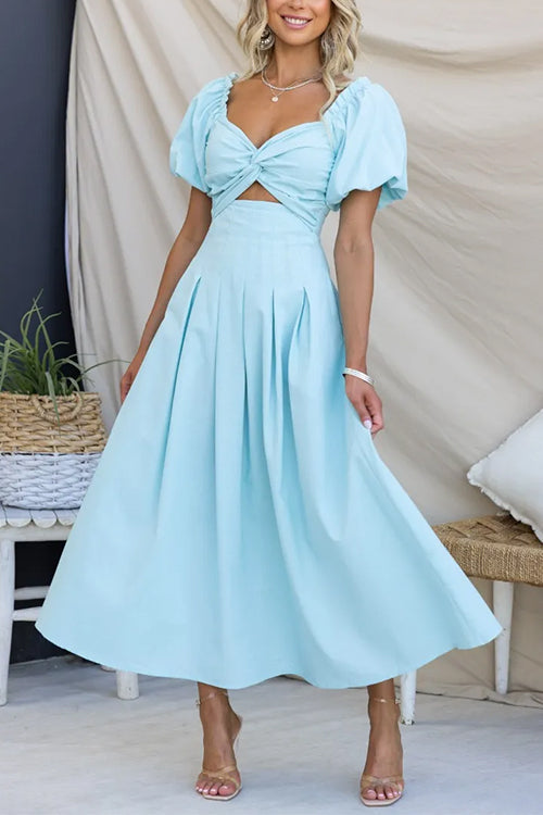 Twist Front Puff Sleeves Cut Out Pocketed Maxi Dress