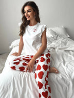 Heart-print Ruffled Sleeve Trousers Set That Can Be Worn As Loungewear