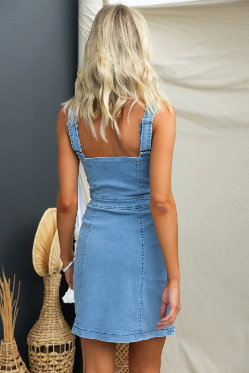 Scoop Neck Panel Seamed Front Zip Pocket Denim Bodycon Mini Dress