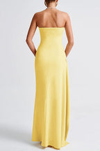 Strapless Tube Draped Slit Maxi Party Dress