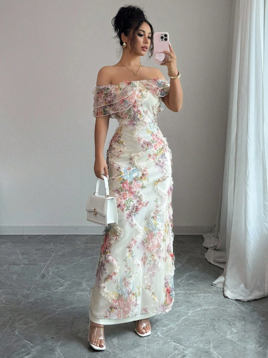 Printed Textured Fabric Off Shoulder Ruffle Maxi Dresses