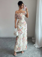 Printed Textured Fabric Off Shoulder Ruffle Maxi Dresses
