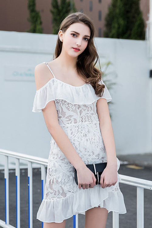 Cold Shoulder Floral Lace Spaghetti Strap Chiffon Ruffle Tiered Hem Wrap Mini Dress