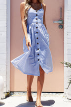 Vertical Stripe Spaghetti Strap Button Down Pocket Front Slit Midi Dress