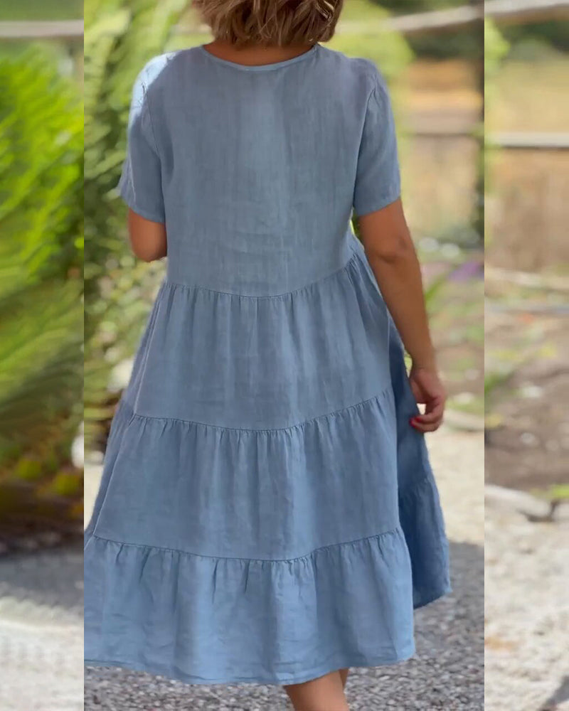 Igone Chic Cotton Linen Dress with V Neck Premium Wardrobe Essential