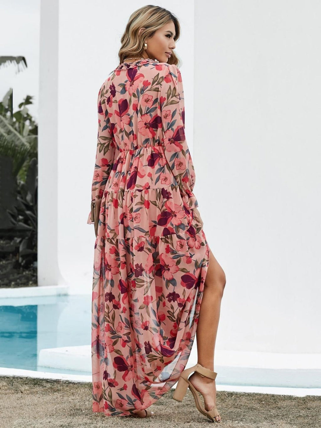 Floral Print V-neck Lantern Sleeves Maxi Dresses