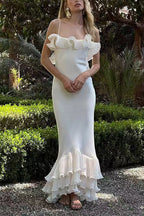 Spaghetti Strap Open Back Ruffle Trim Maxi Dress
