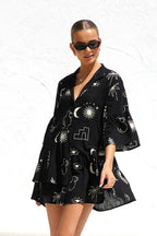 Novelty Sketch Print Collar V-Neck Button Front Tiered Smock Mini Dress