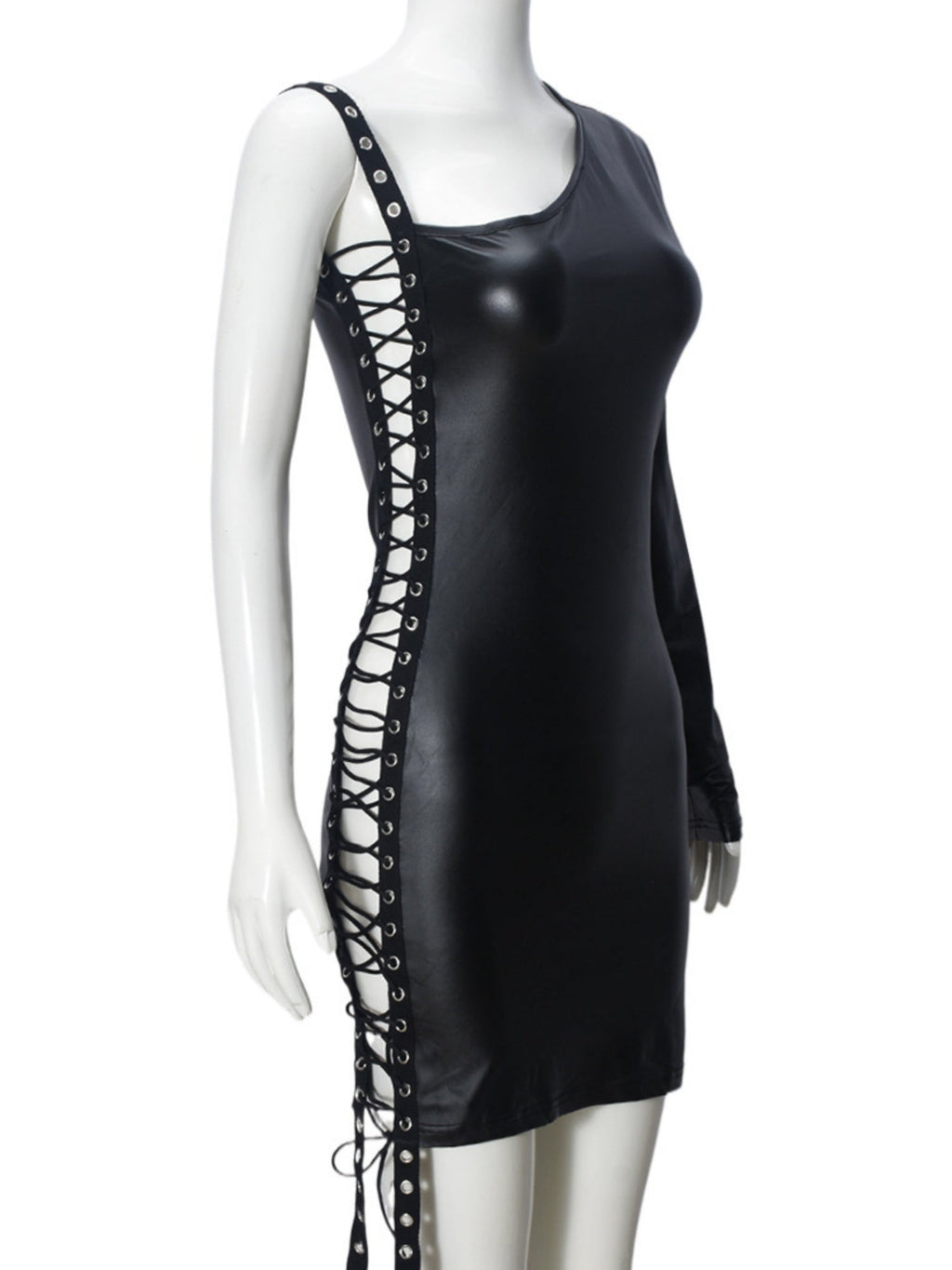 Imitation Leather Hollow Out Asymmetrical Collar Tie One-sided Long Sleeve Slim Fit Hip Body Mini&Short Dresses