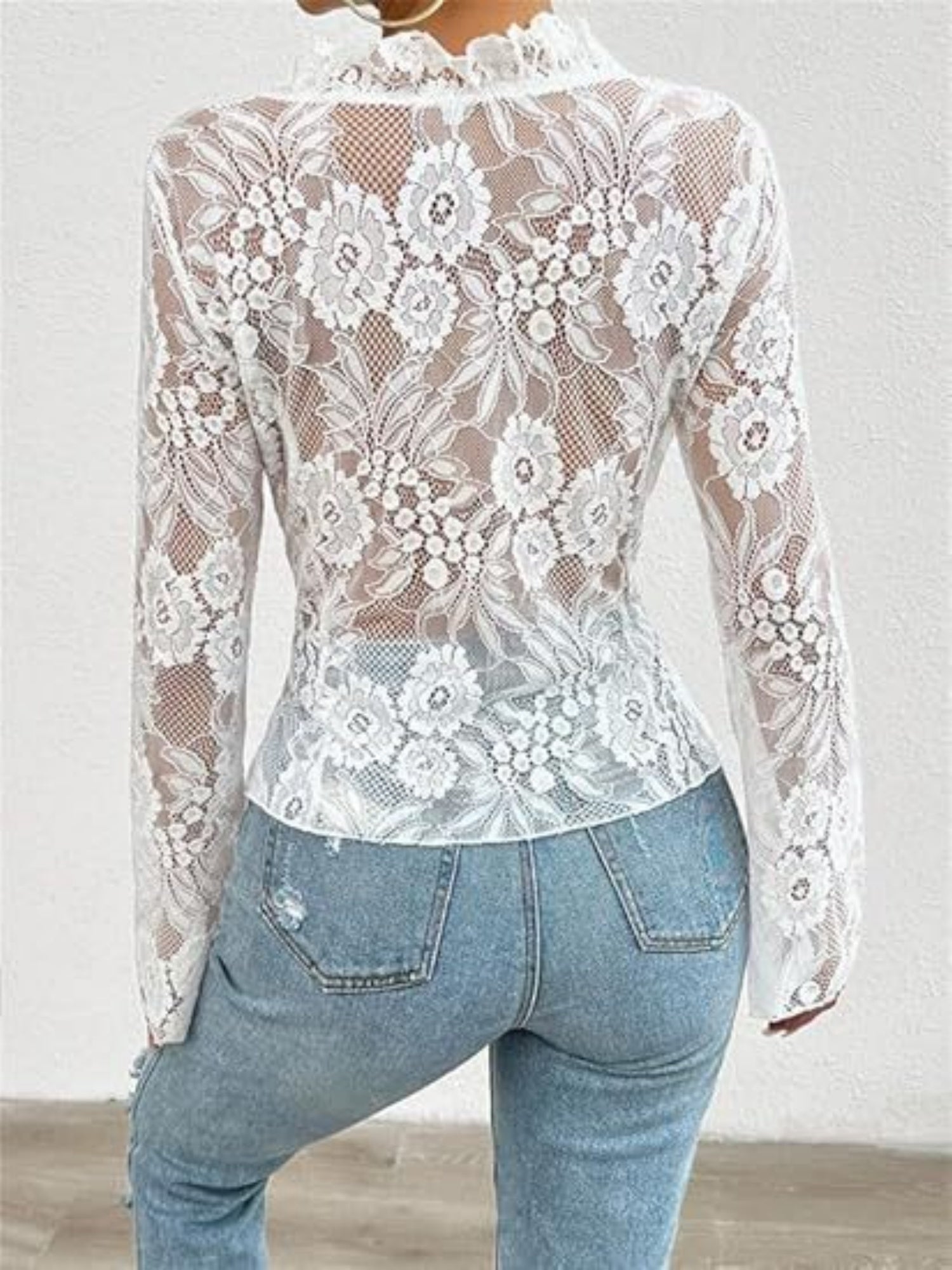 Lace See-through Ruffle Open Front With Tie Sweet T-shirts