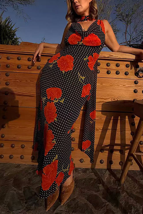 Cowl Neck Backless Floral Print Maxi Dress with Scarf