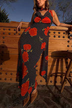 Cowl Neck Backless Floral Print Maxi Dress with Scarf