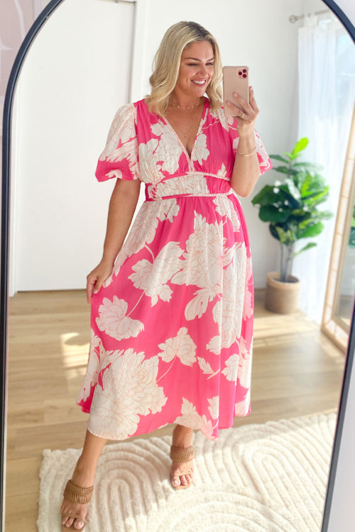 Abstract Geometric Print Deep V-Neck Puff Sleeve Cinched Waist Maxi Dress