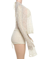 Lace Cutout Long-sleeved Cover-up Halter Neck Strap Slim-fit Shorts 3-piece Sets