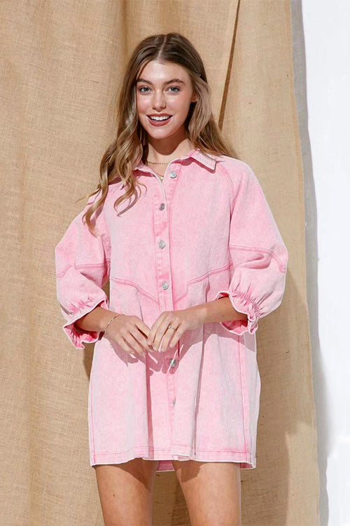 Denim Button Front Chevron Yoke Ruffle Cuff Shirt Mini Dress