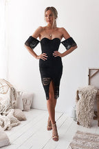 Off Shoulder Sweetheart Floral Lace Scalloped Hem Side Slit Midi Dress