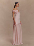 Mesh Splicing Off-shoulder Pleated Backless Maxi Dresses