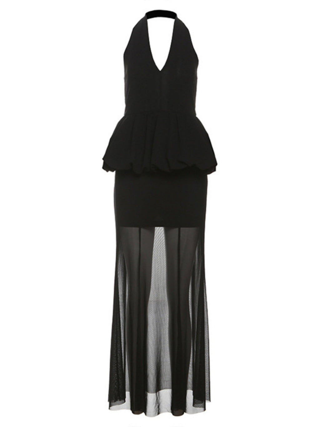 Mesh Splicing Perspective Neckband Ruffle Maxi Dresses