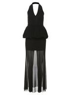Mesh Splicing Perspective Neckband Ruffle Maxi Dresses