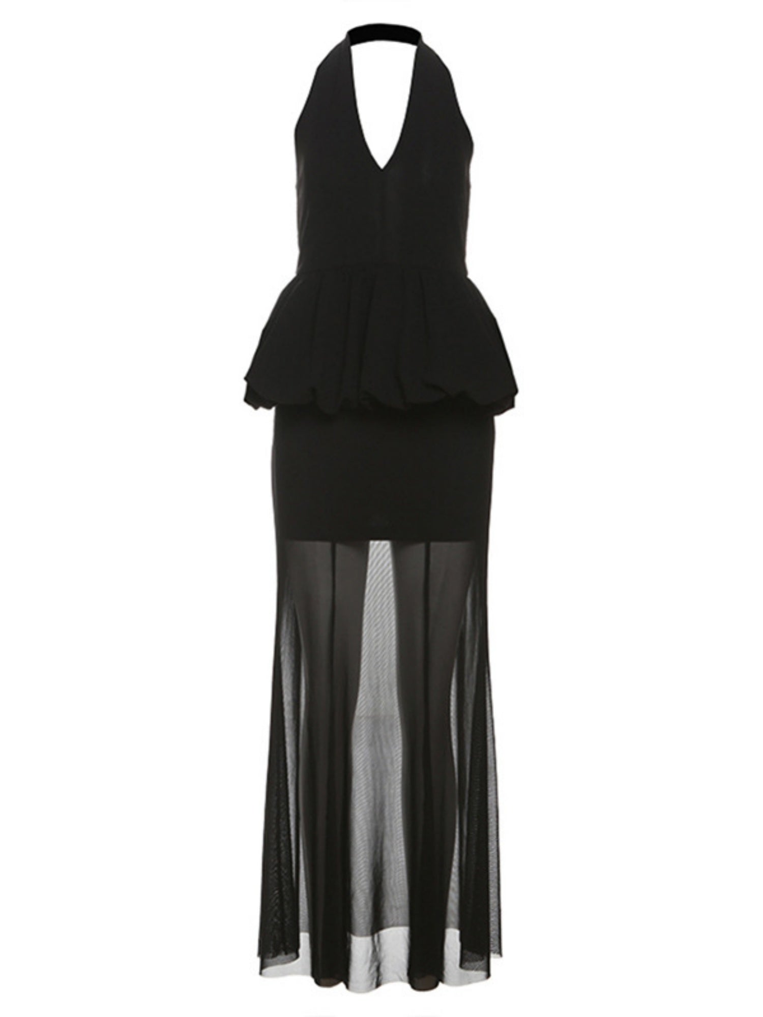 Mesh Splicing Perspective Neckband Ruffle Maxi Dresses