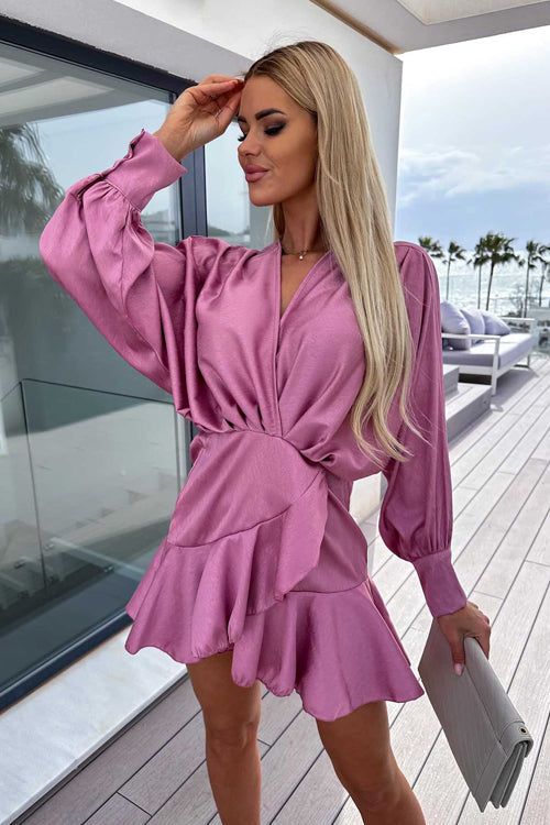 Satin Wrap V-Neck Balloon Sleeve Ruffle Hem Wrap Mini Dress