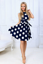 Sleeveless Round Neck Polka Dot Tie Waist Fit and Flare Mini Dress