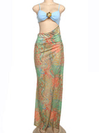 Printed Color Blocking Backless And Navel Exposed Strapless Bra Maxi Dresses