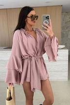 Textured Bell Sleeve Tie Waist Deep V-Neck Romper