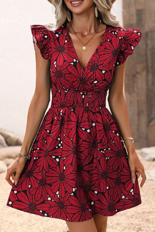 Large Floral Print Wrap V-Neck Flutter Sleeve Smocked Waist Flared Mini Dress