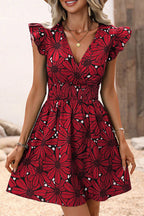 Large Floral Print Wrap V-Neck Flutter Sleeve Smocked Waist Flared Mini Dress