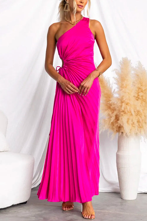 One Shoulder Drawstring Cut Out Pleated Swing Maxi Dress