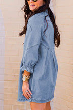 Denim Button Front Chevron Yoke Ruffle Cuff Shirt Mini Dress
