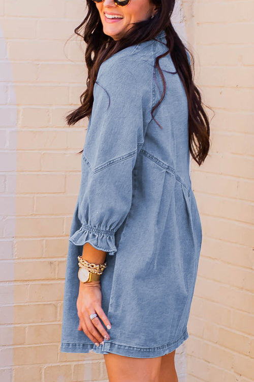 Denim Button Front Chevron Yoke Ruffle Cuff Shirt Mini Dress